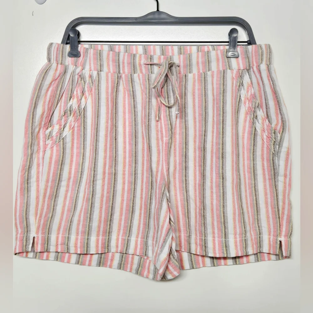Briggs Linen Rayon Blend Elastic Waist Shorts Sz Large Pink/White/Yellow/Brown